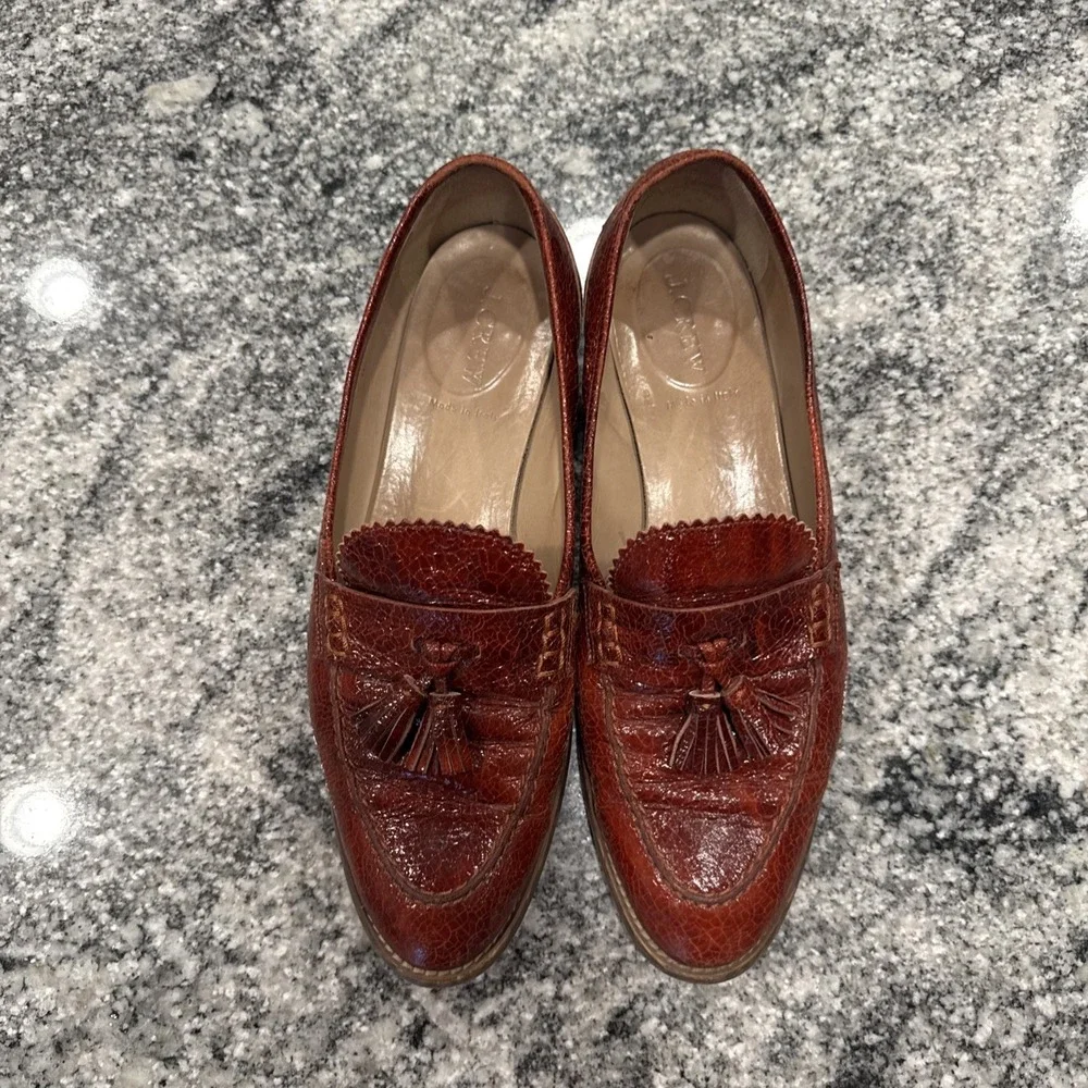 J.CREW BIELLA CRACLED LEATHER LOAFERS E0843‎ SIZE 9.5 WARM SEPIA ITALY